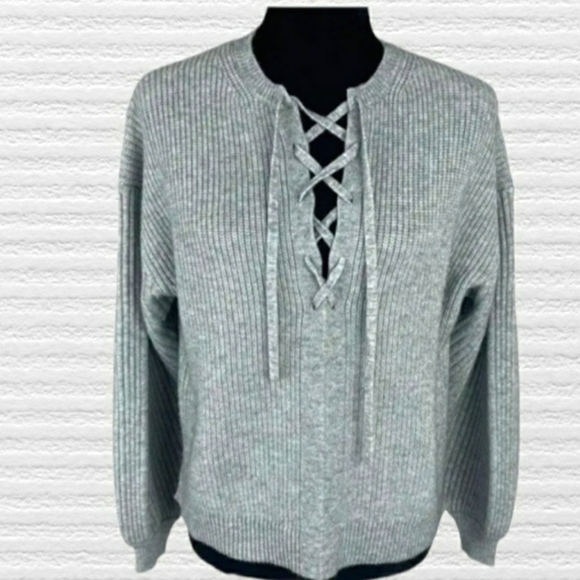 Ann Taylor Woman’s Gray Chunky Knit Lace up neckline sweater soft and cozy - Picture 1 of 9
